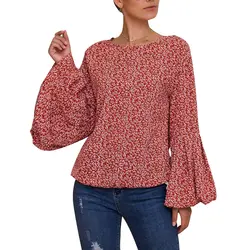 Осенние женские топы, модная футболка с круглым вырезом и длинным рукавом с пышными рукавами, Повседневная футболка с цветочным принтом