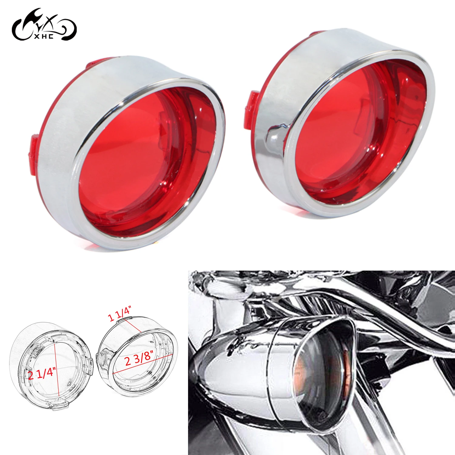 Chrome Red Visor-Style Turn Signal Bezels With Smoke Lens For Harley Davidson 