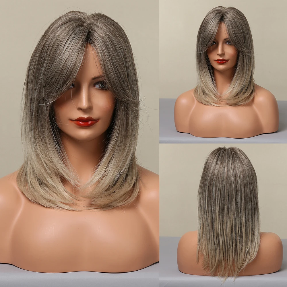 HENRY MARGU Straight Layered Synthetic Wig Natural Shoulder Length Ombre Brown Ash Blonde Wig with Bangs for Black Women Cosplay