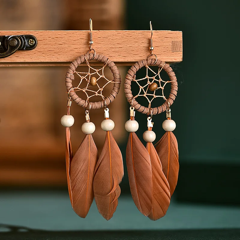 Boho Dream catche long feather Tassel Earrings women's pearl earrings Creative National exaggerated for women | Украшения и