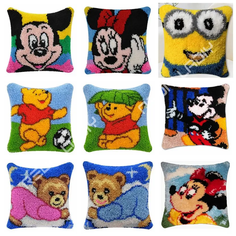 

Latch Hook Kit Cartoon Mickey Cushion Cover Pre-Printed Canvas DIY Yarn Crochet Crafts Pillow Case Size 43x43cm Sofa Bed Pillows