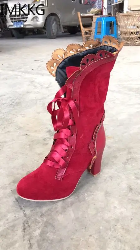 Bohhemian Women Leaf Boots woman mid-calf High heels shoes ladies Cosplay Winter pu Leather Snow Boots a00334