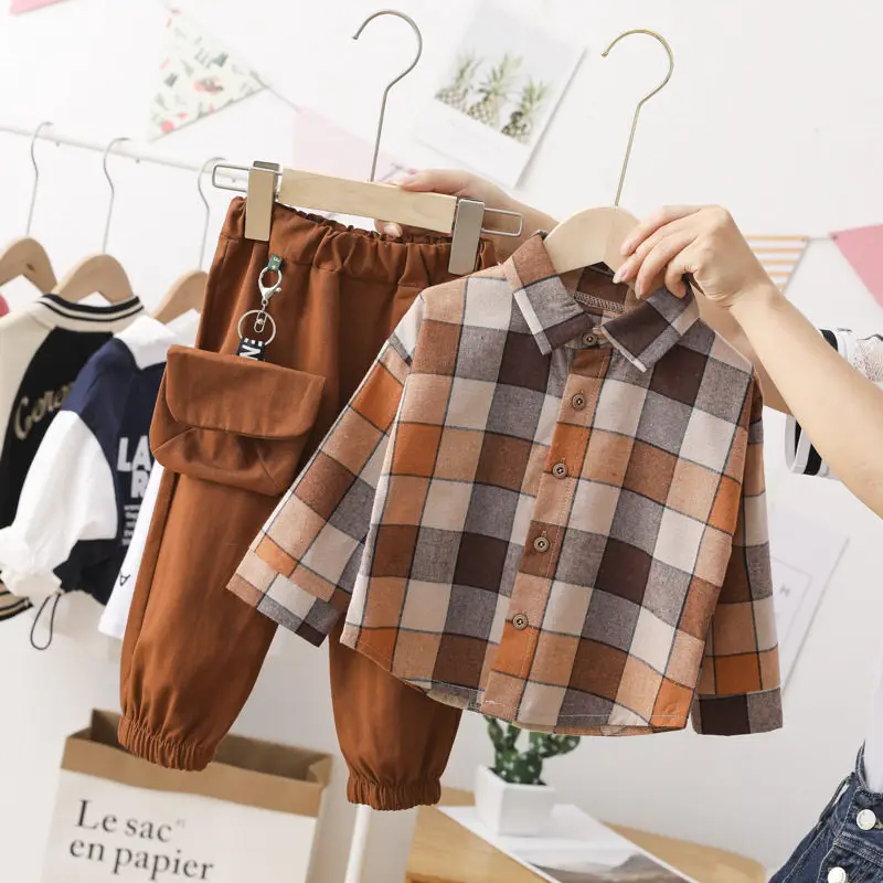 Fashion Plaid Children's Sets Warm Plush Tops Shirt+Pants Baby Boy Clothes Suits Long Sleeve Kids Tracksuits Boys Party Coat