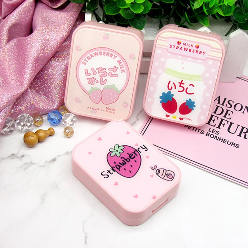 Contact lenses tools Strawberry Contact Lens Case Stick Mirror Set Contact Lens Partner Container Storage Holder