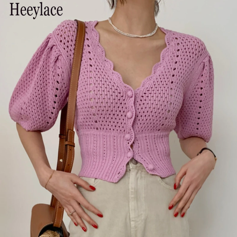 Suéter de punto informal para mujer, cárdigan de flores de ganchillo calado, manga abombada, cuello de pico elegante, Tops cortos de punto finos 2021