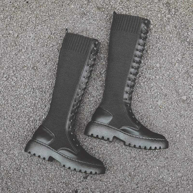 

Lace up women's boots high-top Martin boots and knee boots British style stretch knit boots non-slip outsole thick women