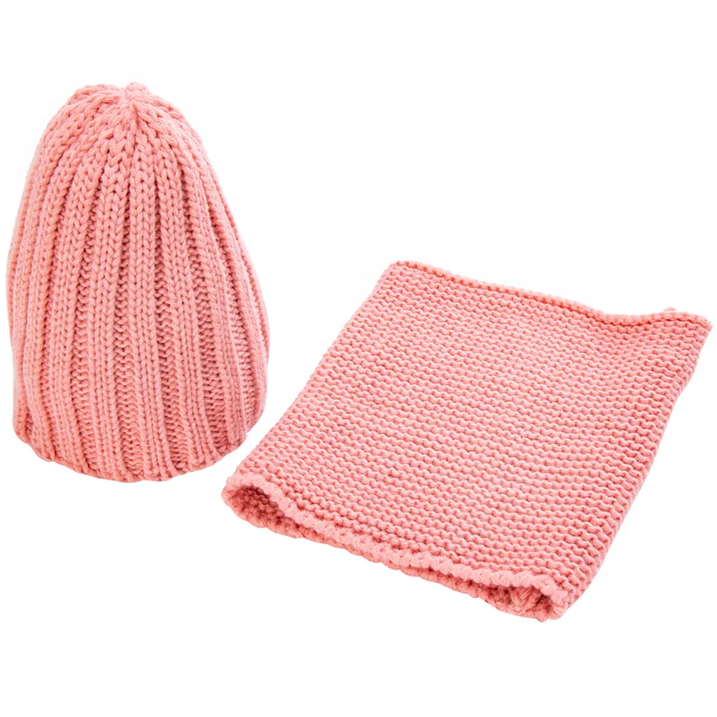 2PCs Children Cap Scarf Set Winter Solid Twist Knit Cap Thick Warm Windproof Scarf Hat czapka i komin tricotin снуд девочка#H - Цвет: Pink