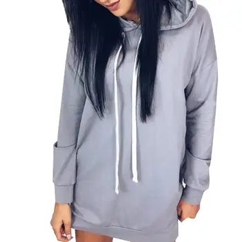 

Women Solid Color Long Sleeve Drawstring Hooded Pullover Top Dress Sweatshirt