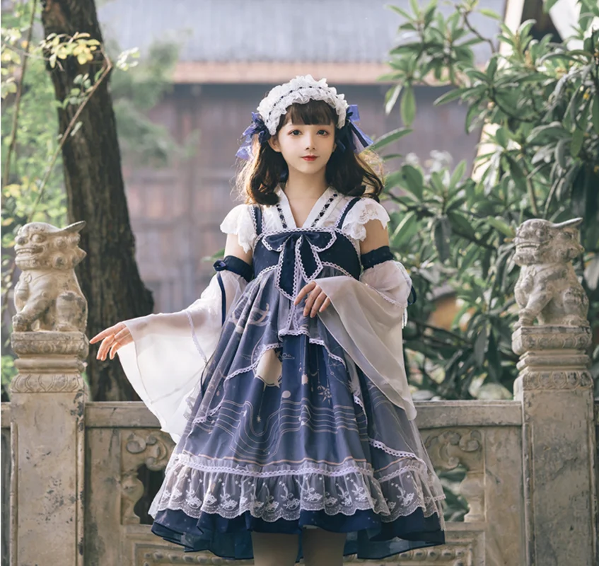 

Preppy style student Hanfu retro sweet lolita strap dress victorian printing kawaii girl loli cos gothic lolita kimono dress