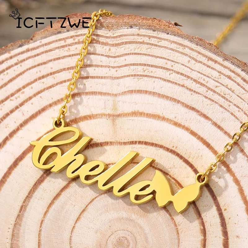 Personalized Name Necklace Jewelry Choker Stainlesss Steel Gold Butterfly Heart Women