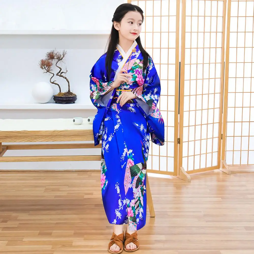 Print Flower Children Japanese Traditional Evening Party Prom Dress Performace Clothing Kimono Bathrobe Gown Full Sleeve Gown - Цвет: Blue 1