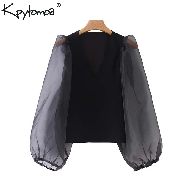 

Vintage Sexy See Through Puff Sleeve Stretchy Tops Women Blouses 2019 Fashion V Neck Patchwork Ladies Shirts Casual Blusas Mujer
