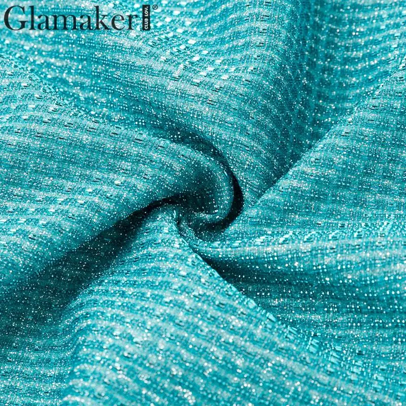 Glamaker, блестящее синее облегающее платье с запахом, элегантное осеннее короткое вечернее платье с оборками, женское платье с v-образным вырезом и пышными рукавами, вечерние платья, Новинка