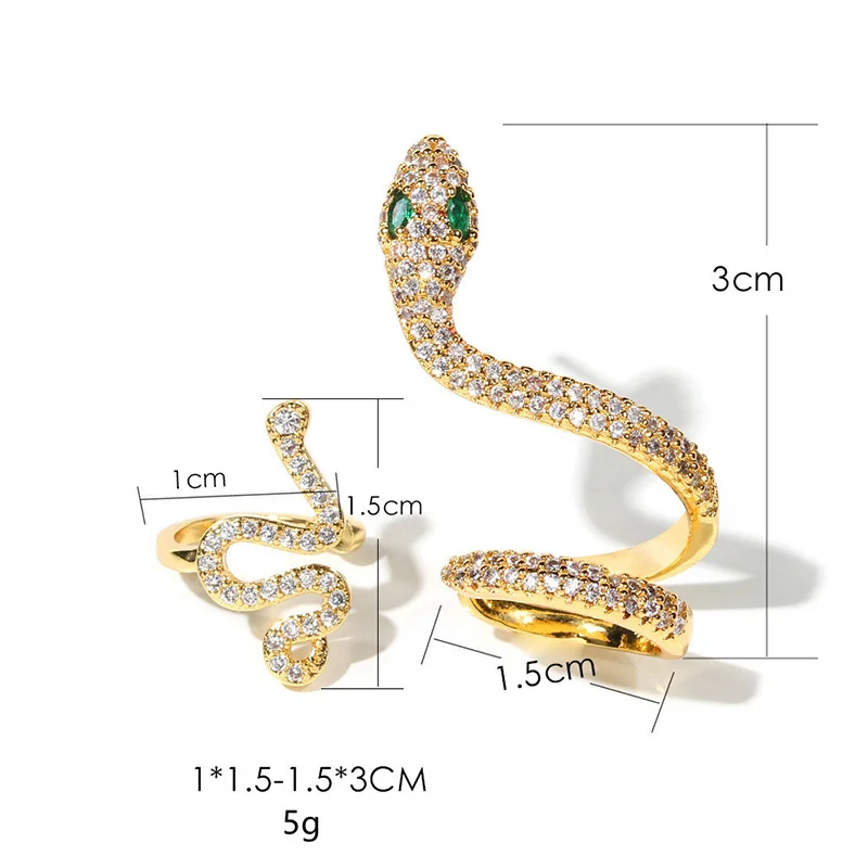 2Pcs/set Snake Clips On Earrings for Women Vintage Zircon Gold Ear Bone Clip Punk Ear Cuffs Personality Jewelry Accessories Gift