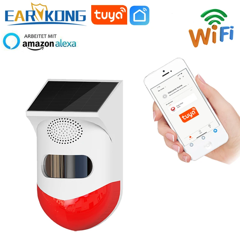 EARYKONG TUYA Smart Wifi Infrared Detector Wifi Alarm System Solar Siren Outdoor PIR Waterproof Wireless Strobe Siren anti lost alarm Alarms & Sensors