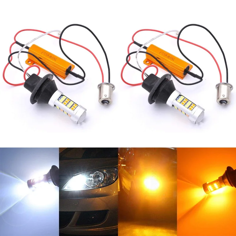 Intermitente LED DRL para coche, 2 en 1, BA15S, BAU15S, PY21W, Canbus 3030, No Hyperflash T20, 7440, w21w, doble Color, 42SMD, blanco, ámbar, 12V, 1 Juego