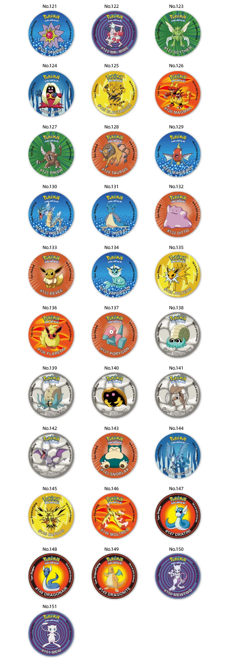 Pokemon Tazos 1 Generation NO.1-151 Collection Pikachu Taps Ash