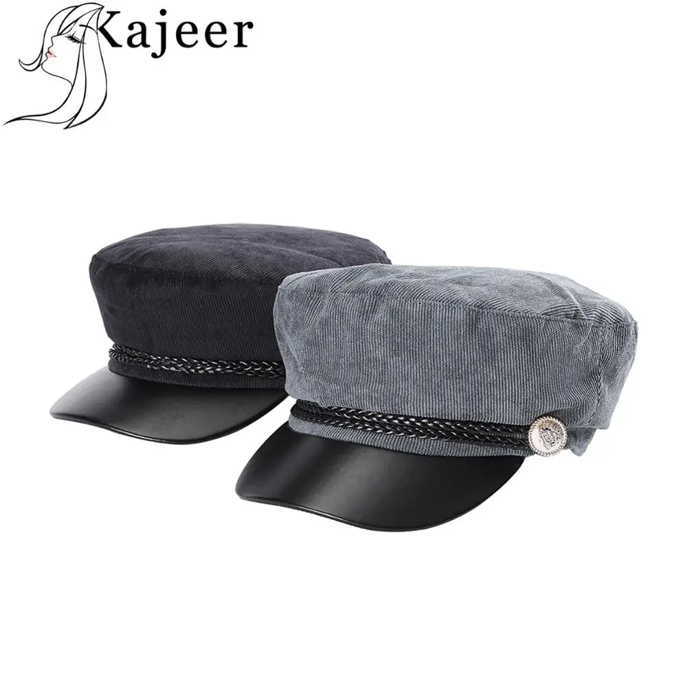 Kajeer, модная военная шапка из искусственной кожи, осенняя Морячка, шапка для женщин и мужчин, черная, серая, плоская верхняя часть, для путешествий, Кадетская шапка, Кепка Капитана, береты