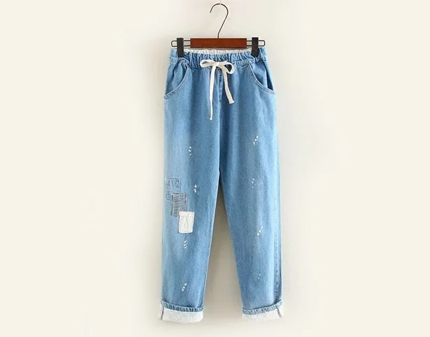 blue style 3 Джинсы для молодых девушек, светло-голубые, с вышивкой, с эластичной талией, с завязками, шаровары, повседневные джинсы для женщин - Цвет: blue style 3