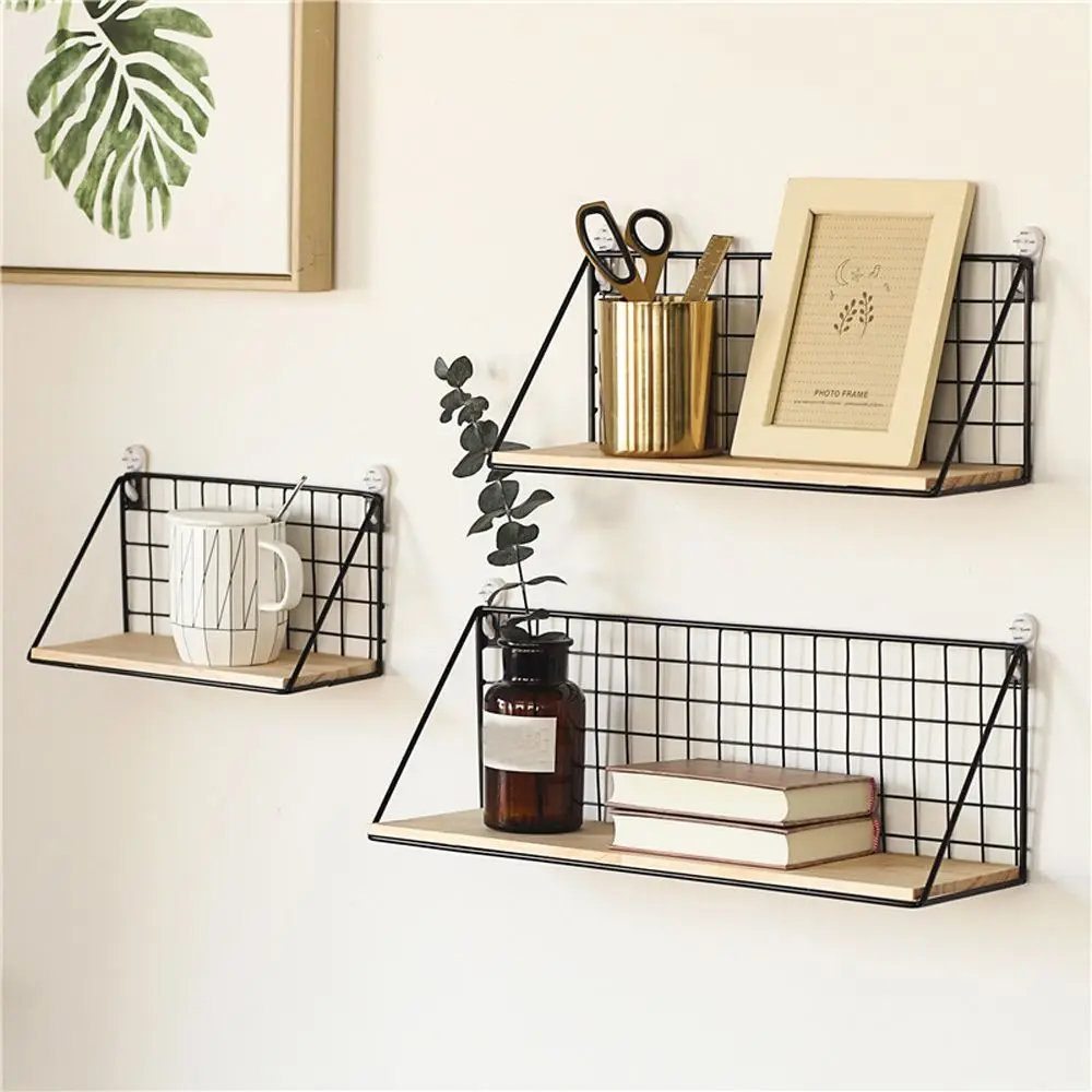 Wooden Iron Storage Shelf Wall Mounted Storage Rack Organization For Kitchen Bedroom Decor Kid Room DIY Wall Decoration Holder