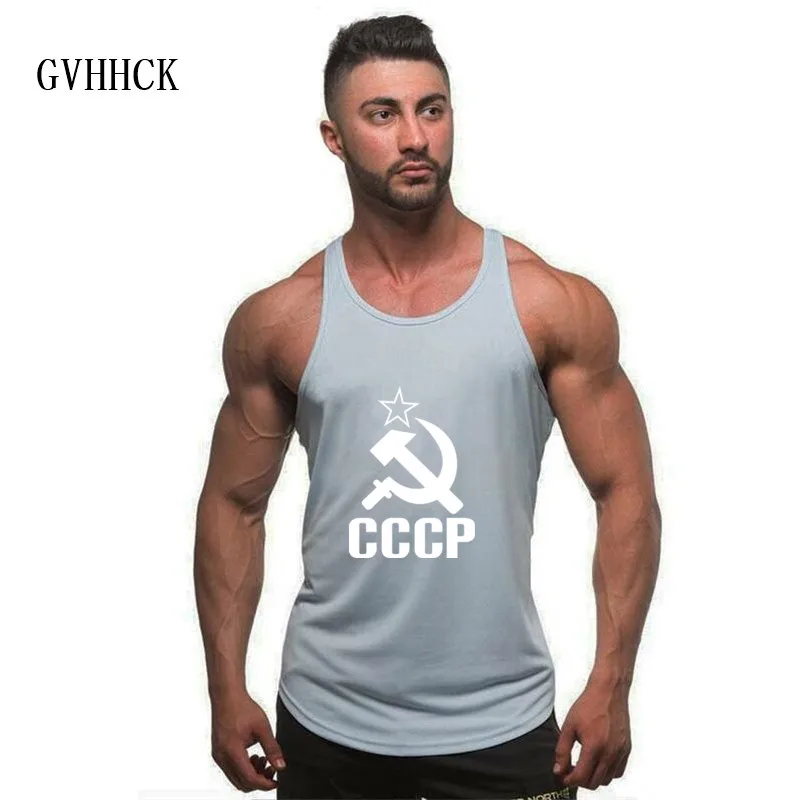 New cotton CCCP USSR Soviet Union KGB Man sleeveless shirts tank top men Fitness shirt mens singlet Bodybuilding workout vest - Цвет: Серый