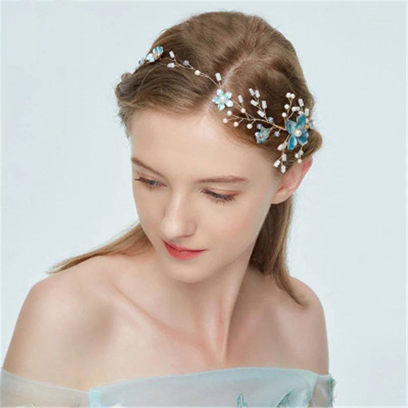 

Small Blue Flower Hairhoop Ornaments Wedding Headdress For Bride Handmade Wedding Party Bridal Headband Jewelry Tiaras de Noiva