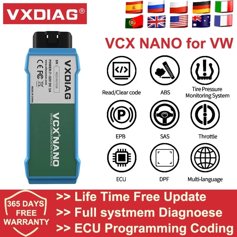 Автомобильный диагностический сканер VXDIAG VCX NANO для VW OBD2 Wi-Fi/USB онлайн