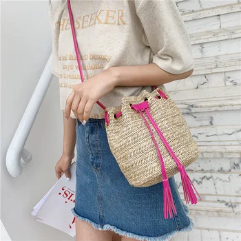 

Vintage Drawstring Beach Straw Shoulder Bucket Bags Womens Handbags and Purses Cross Body Solid High Capacity Designer Bags 2020