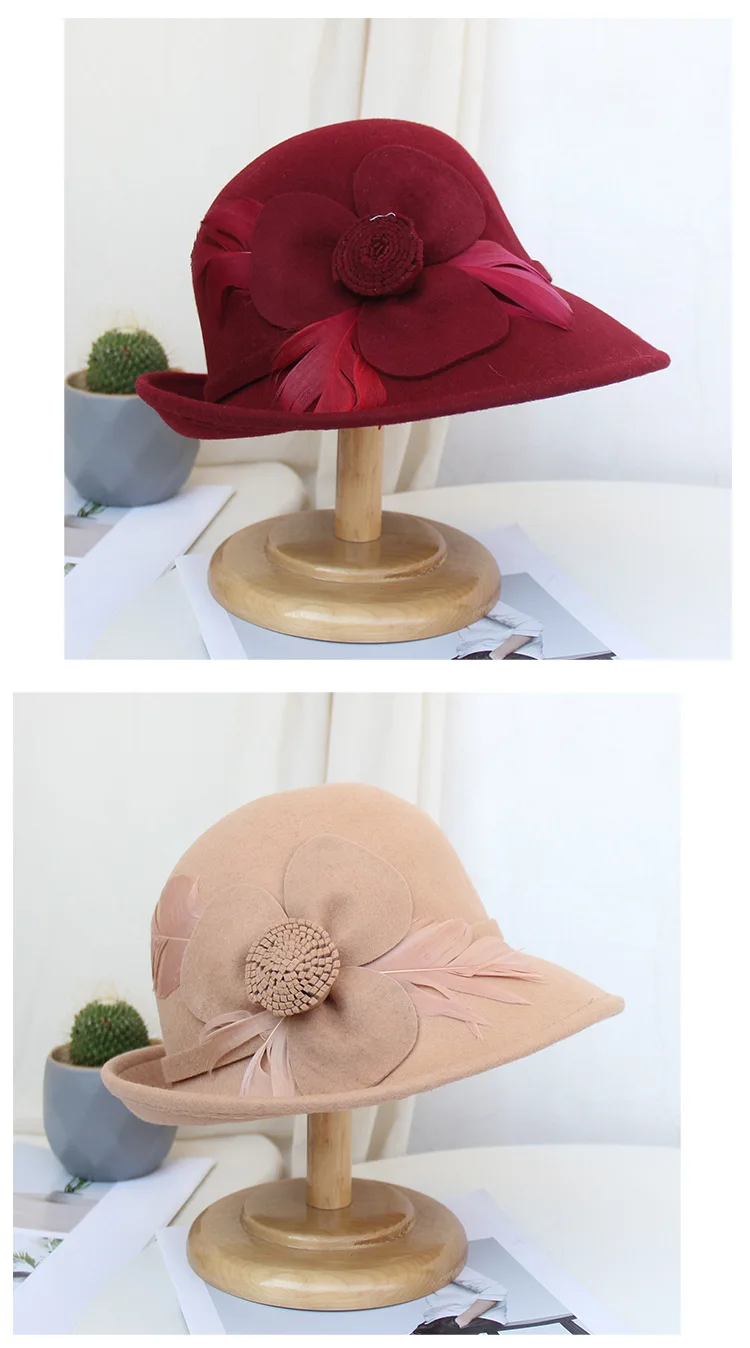 FS винтажная красная шерстяная фетровая шляпа-Клош с пером, элегантный цветочный котелок с широкими полями, зимняя женская красная флоппи-Шляпа Дерби