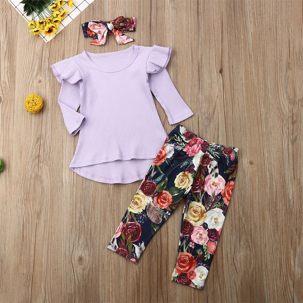 Осенне-зимняя одежда из 3 предметов Одежда для маленьких девочек топ с цветочным рисунком, платье, штаны, леггинсы, комплект одежды, От 0 до 5 лет