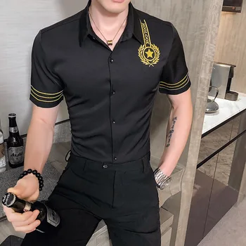 

Fashion Nightclub Party Tuxedo Male Clothing Streetwear Social Top Luxury Gold Embroidery Shirt Men Slim Fit Casual Dress Shirts