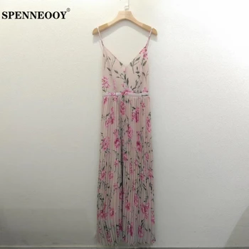 

SPENNEOOY Designer Custom Runway Women Summer Floral Print Boho Pleated Long Dress Ladies Backless Sexy Spaghetti Strap Dresses