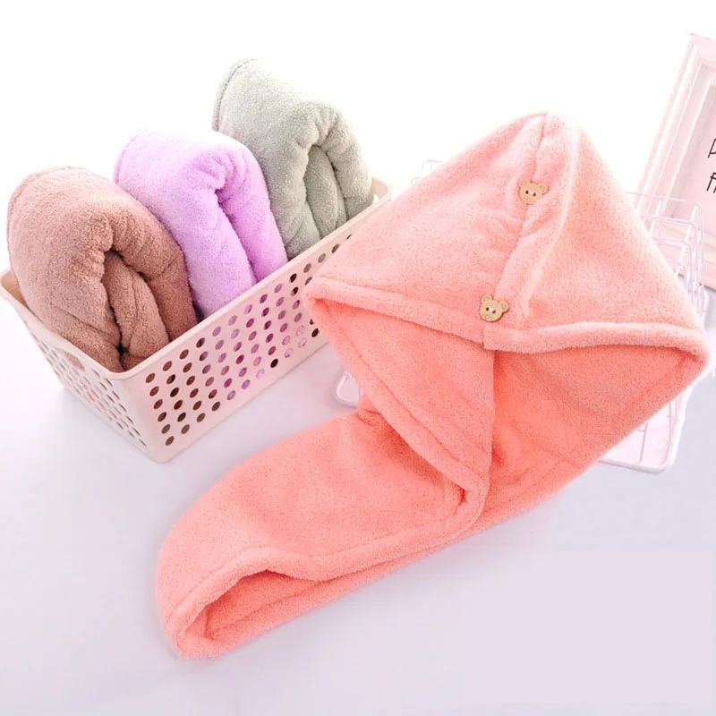 

Women Dry Hair Towel Strong Absorbent Button cap For Home Hair Towel Quick Drying Microfiber Towels Bath Turban Head Cap Textile