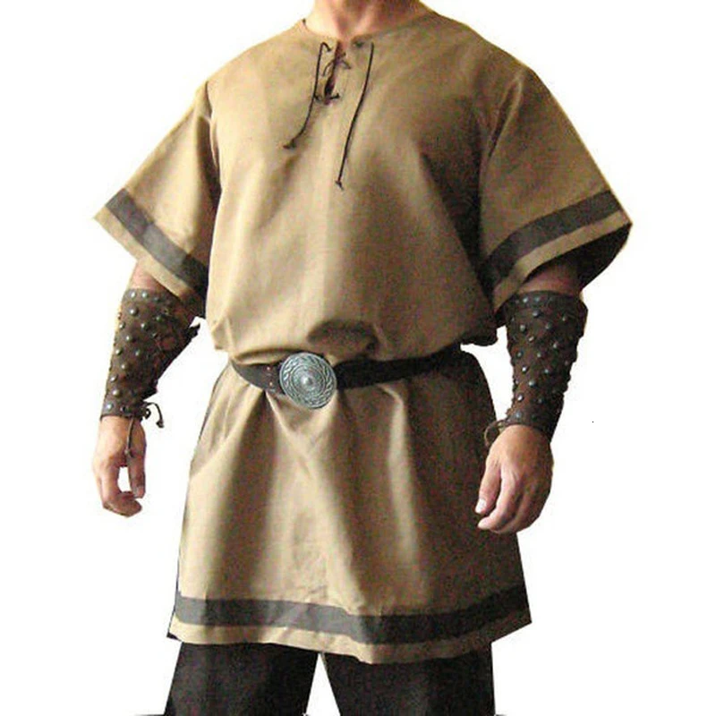 

18th Century Men Viking Knight Tee Shirt Medieval Renaissance Robes Warrior Pirate Tops Coat Outfit Stage Party Cosplay Costumes