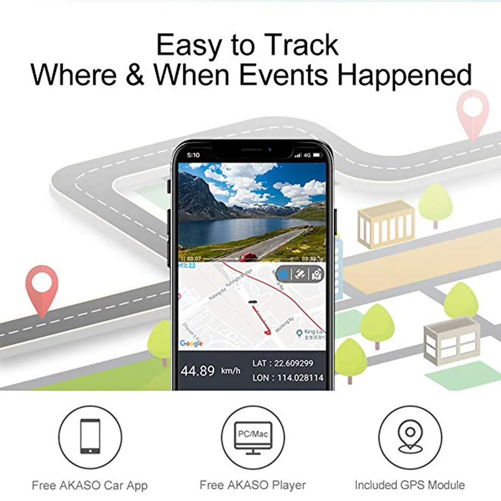 Автомобильный видеорегистратор AKASO Full HD 1080P с двумя объективами 2 K, Wi-Fi, видеорегистратор с приложением для телефона, gps, двойной видеорегистратор, Автомобильный видеорегистратор, карта 32 Гб