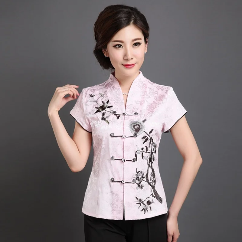 Женская одежда в китайском стиле для пожилых женщин, Топ Cheongsam с коротким рукавом, винтажная блузка, традиционная китайская рубашка TA1794