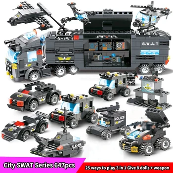 

647Pcs Urban Police Series 8in1 Building Blocks Transport Black Car Model Bricks Toys Children Best Present