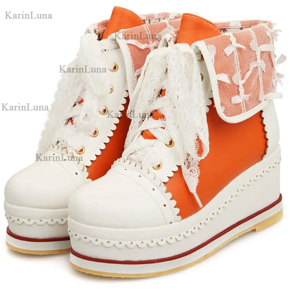 Brand Design High Quality Sweet Cute Platform Lolita Boots Lace-up Cosplay Brogue Sneakers Wedges Ankle Boots Big Size 33-48 