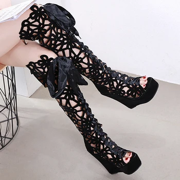 

Fashion Women Hollow Over The Knee Sandals Boots Peep Toe Wedges High Heels Shoes Cross Tied Design Back Zip Closed Plus Size 42