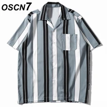 OSCN7 Повседневная полосатая рубашка с коротким рукавом, Мужская Уличная, Гавайский пляж, большие размеры, женская мода, харуджуку, рубашки для мужчин XQ16