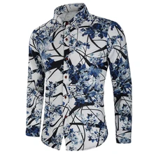 2019 Men's Long Sleeve Casual Shirts Fashion Flower Printed Floral Shirt Linen Turn-down Collar Slim Fit Shirt For Mens Clothing