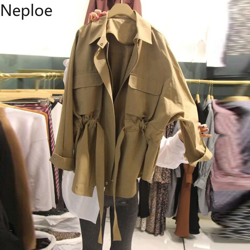 

Neploe Korean Autumn Slim Waist Lace Up Short Ropa Mujer Turn Down Collar Loose Wild Trench Coat Solid Moda Feminino 46236