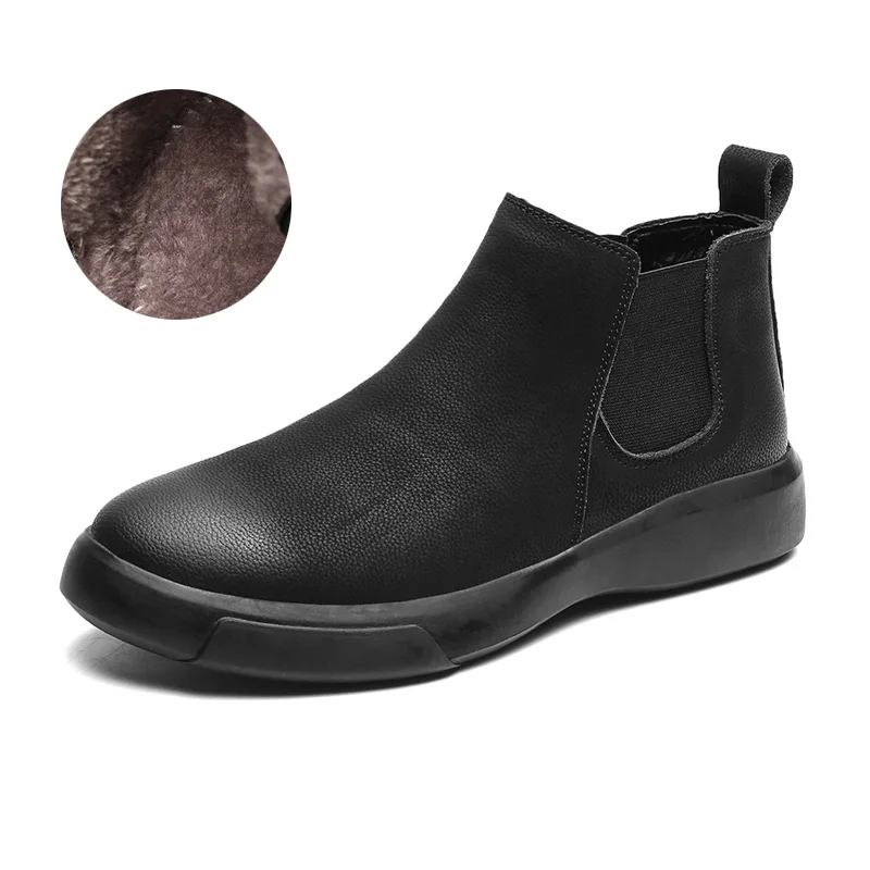 Misalwa/мужские ботинки «Челси»; кожаные повседневные короткие ботинки без застежки; ботинки с круглым носком; теплые Винтажные ботинки на меху; классический мотоцикл; большие размеры - Цвет: Winter Plush Black