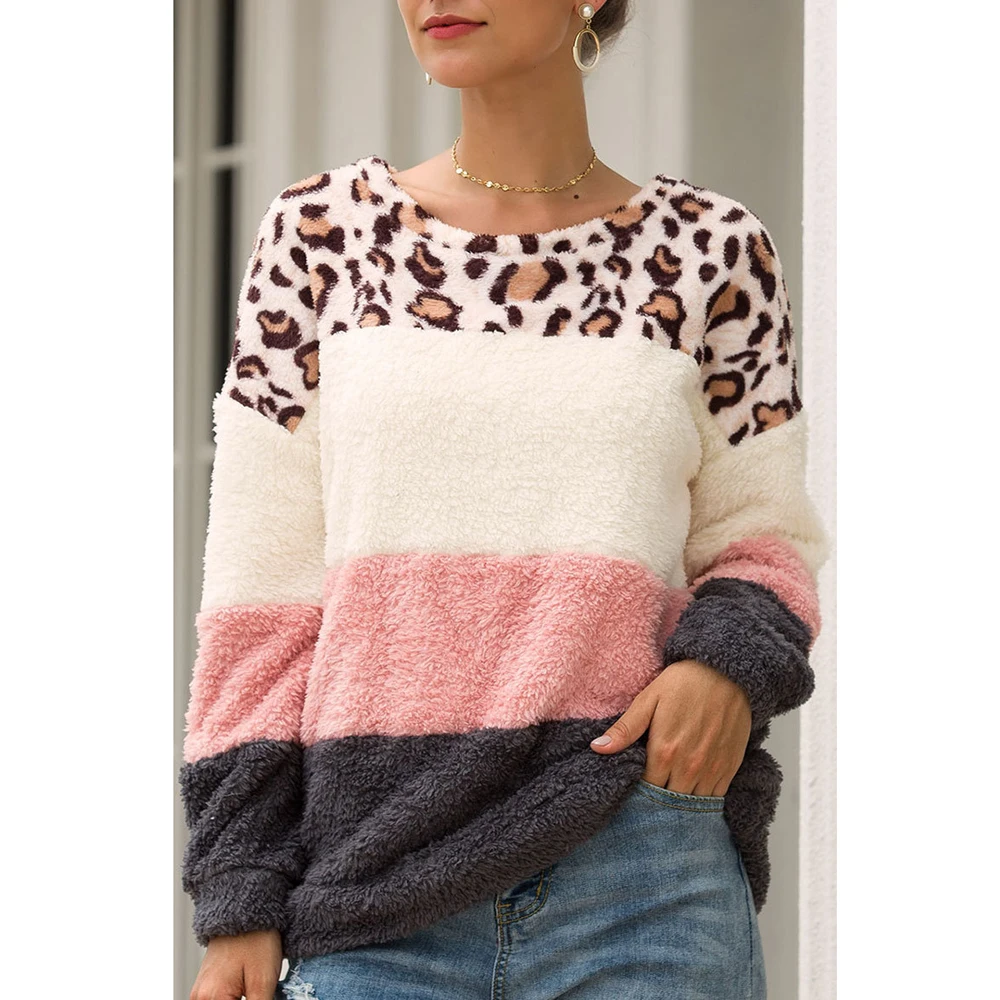 

Women Leopard Stripe Pullover Long Sleeve Colorblock Winter Top M1189