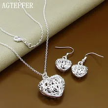 

AGTEFFER 925 Sterling Silver 18 Inches Chain Hollow Heart Pendant Necklace Earring Set For Woman Wedding Engagement Jewelry