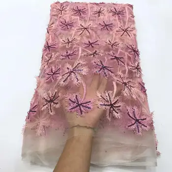 

New Bead pink lace fabric 3d flower african lace fabric 2020 high quality lace beaded french tulle lace for dress