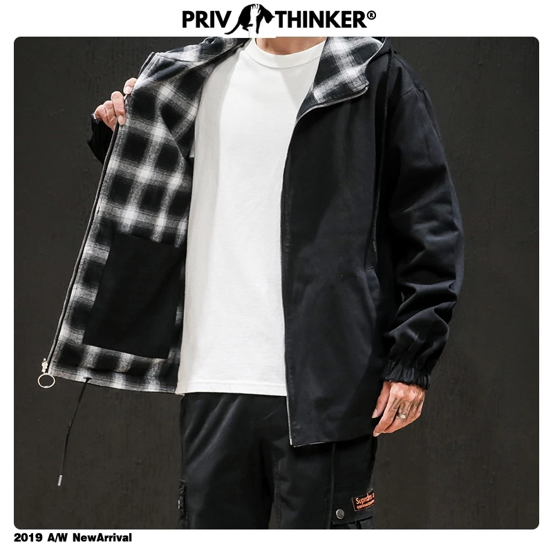 

Privathinker Men Loose Plaid Jacket Hooded Mens Casual Hip Hop Black Jackets On Both Sides Male Autumn Fashion Windbreak 2019