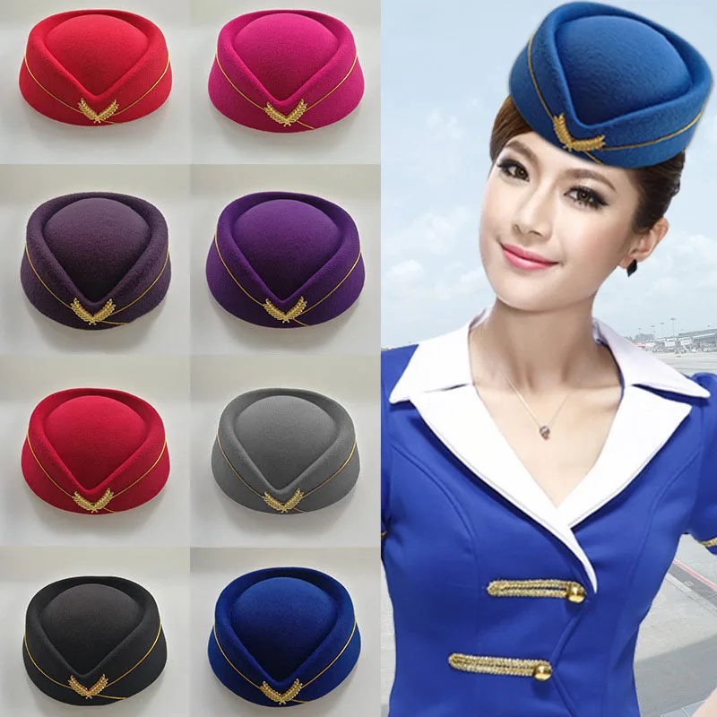 Hot Autumn Winter Airline Stewardess Cap Imitation Wool Uniform Plane Stewardess Cap Cosplay Stage Perform Women Ladies Cap A66