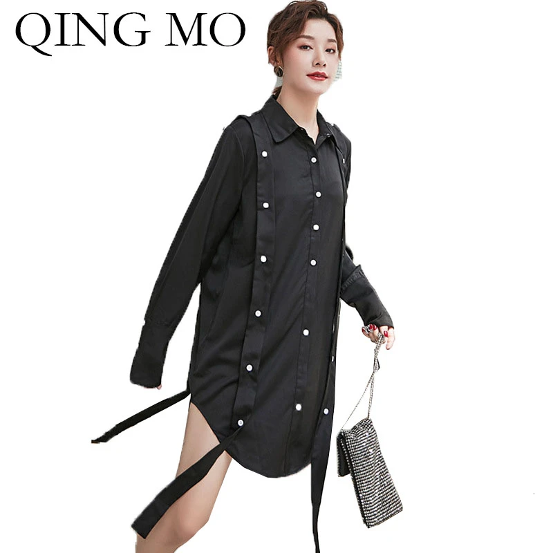QING MO Черная Женская Осенняя блузка Женская необычная блузка с лентой Женская Лоскутная Блузка высокого качества ZQY2046