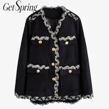 Getвесеннее Женское шерстяное пальто с v-образным вырезом в стиле пэчворк, сочетающееся по цвету винтажное Женское зимнее пальто, куртки, универсальные черные пальто Мода